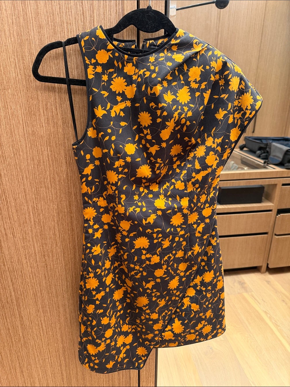 C/MEO Collective Black One-Shoulder Dress with Orange Floral Print
